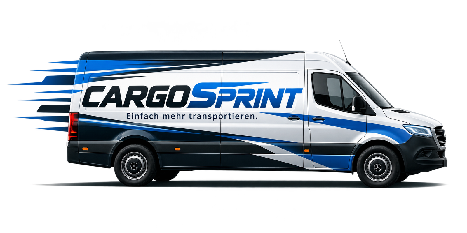 Illustration eines weißen CargoSprint-Transporters mit blauer Markenbeklebung